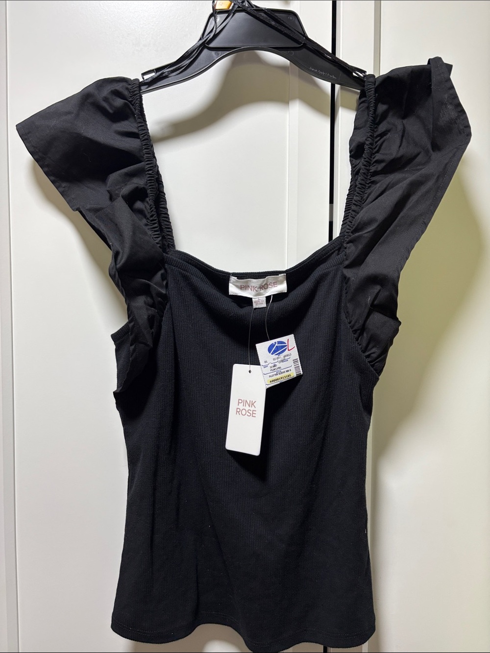 Pink Rose Black Ruffle Strap Tank Top